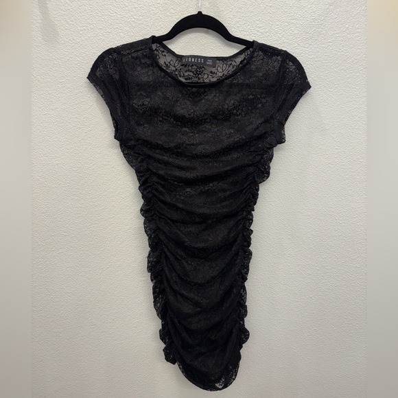 Lioness Beguile Lace Sexy Sheer Black Ruched Stretch Mini Dress Size XXS - Picture 4 of 8